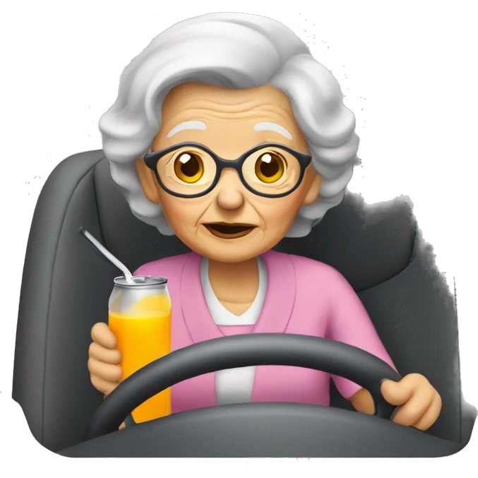 A old woman driving while drinking a can of juice emoji