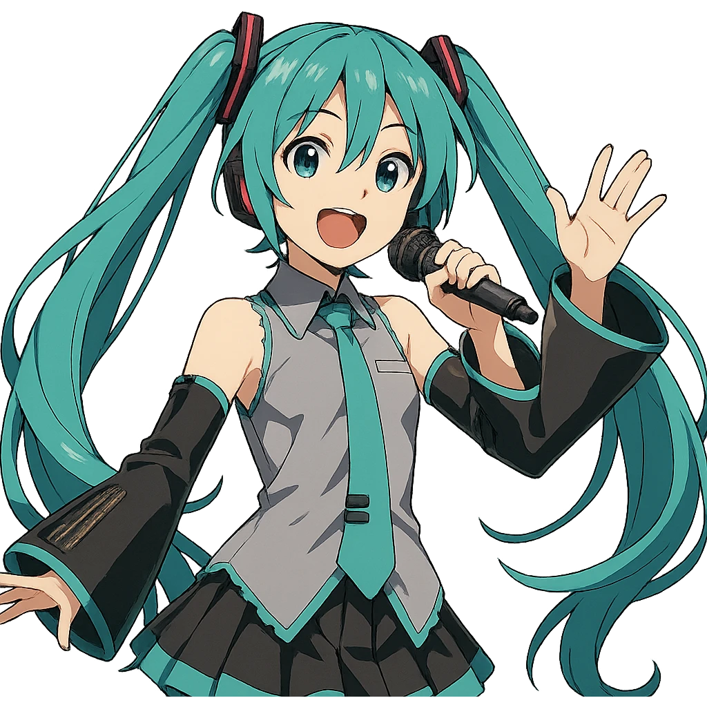 Hatsune Miku, performing on stage, holding a microphone, teal hair, lively expression emoji