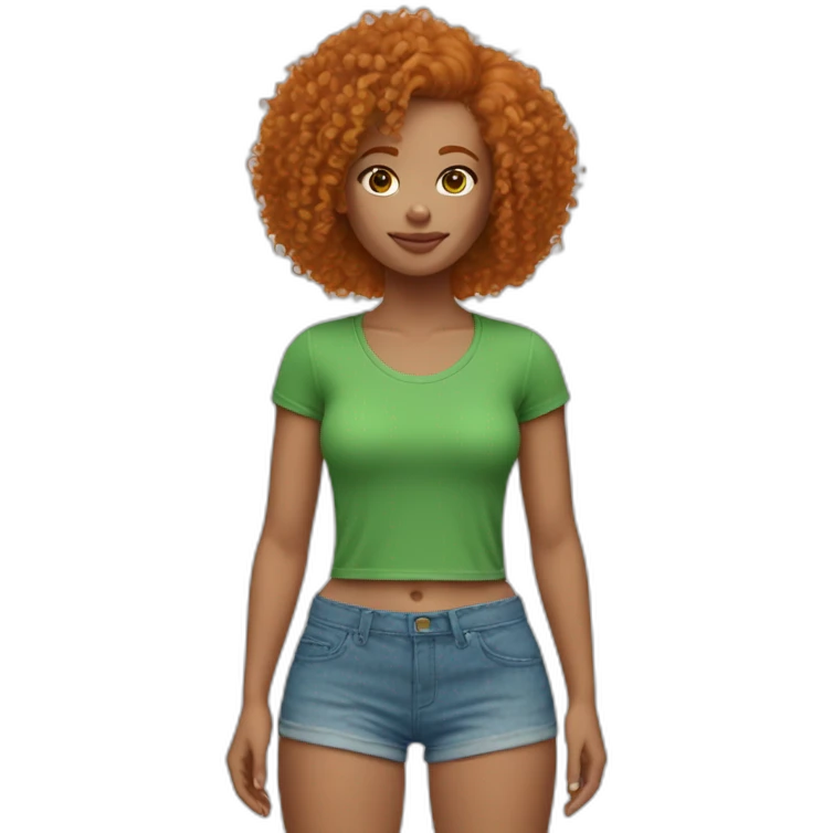 Curly Ginger woman, green crop top, blue shorts, light skin emoji