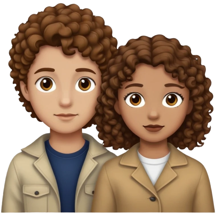 Una chica con el pelo marrón claro y ojos negros al lado un chico morenito claro y ojos marrones y pelo rizo negro emoji
