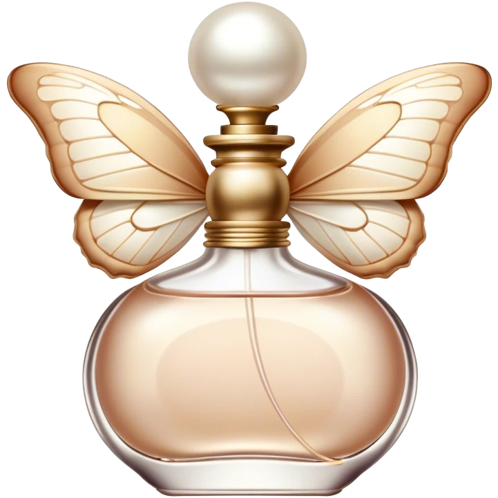 A delicate butterfly with wings in soft beige and pearl hues, resting gently on a vintage perfume bottle.
 emoji