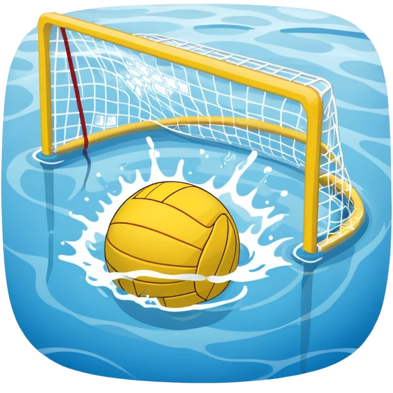 An icon featuring a yellow water polo ball floating on the water with goals in the background, inside a swimming pool. The design includes splashes and ripples, symbolizing the fast-paced action and strategy of water polo. Transparent background highlights. emoji