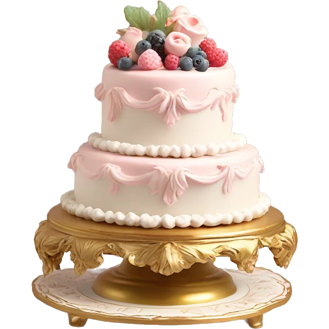 aesthetic vintage rococo cake with white icing, berries on a gold, pale pink, and white ceramic plate stand  emoji