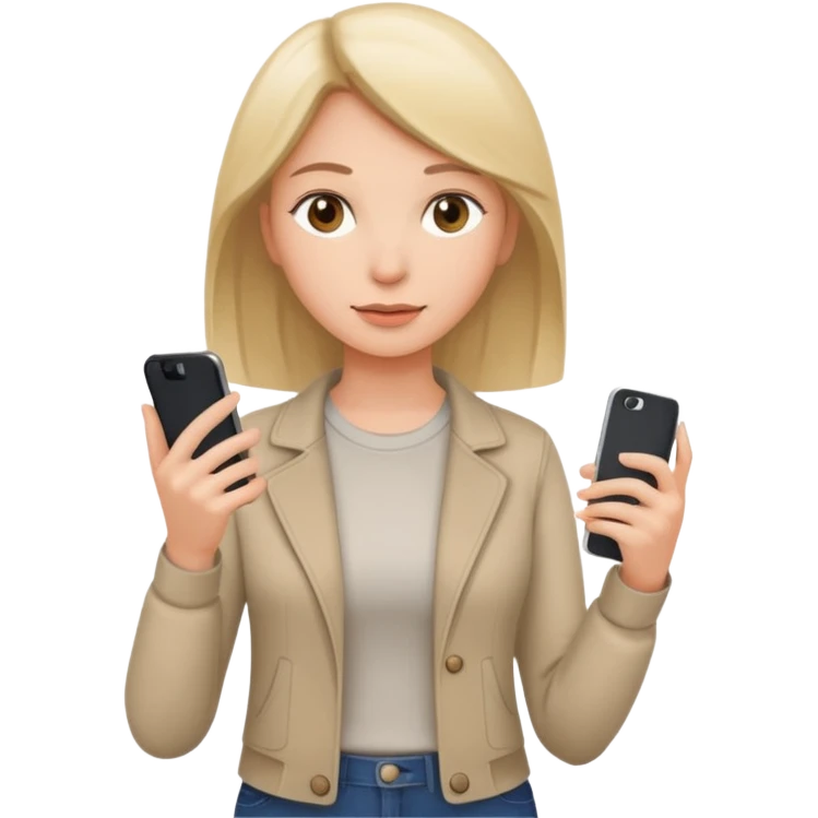 woman casual clothes holding just one phone in one hand and the other hand empty emoji