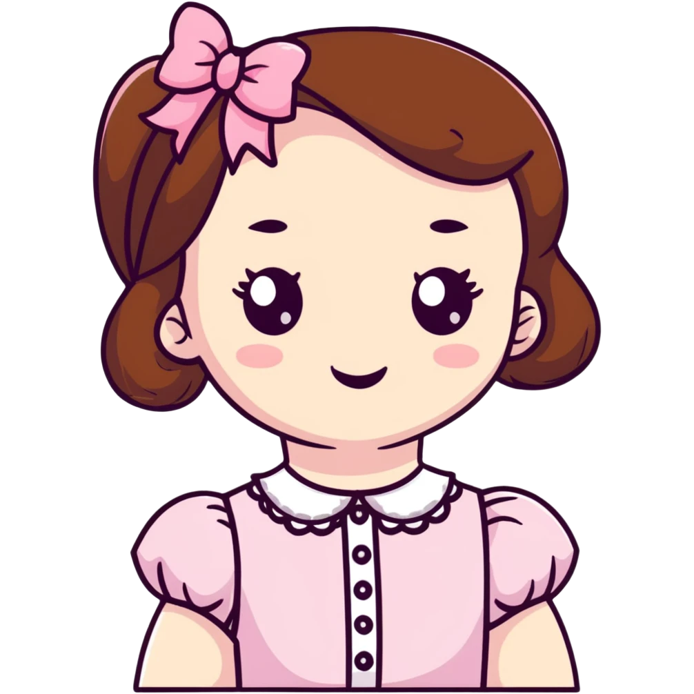 pale skin coquette girl with brown hair, pink bows, lace, pearls, dainty emoji
