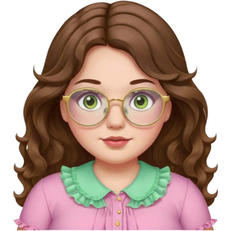 Girl girl long wavy brown hair with middle part, pale green eyes, plus size, pink frilly shirt, gold rimmed glasses emoji