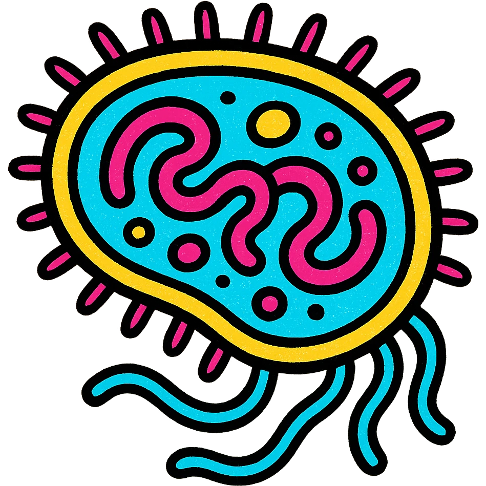 cartoon bacteria cutaway, colorful internal structures, vivid pop color palette emoji