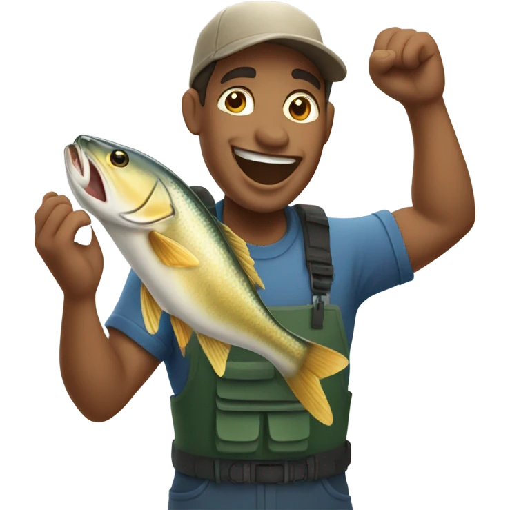 Mixed-race Fisherman holding big fish saying awesome emoji
