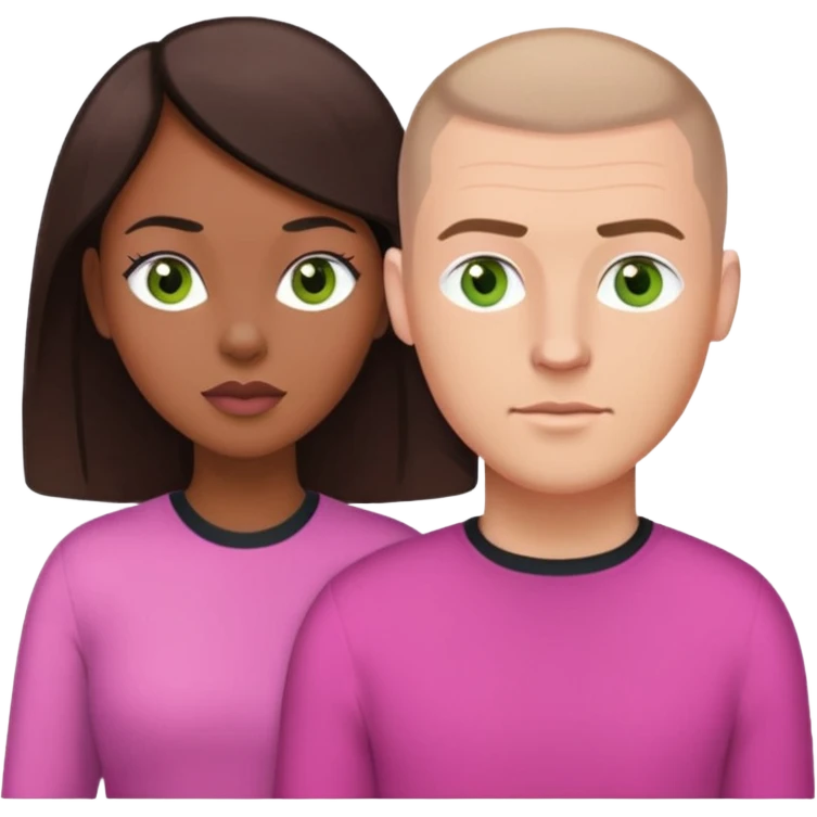 a couple. black woman with long brown hair and a white man with a buzz cut and green eyes. she’s wearing pink  emoji