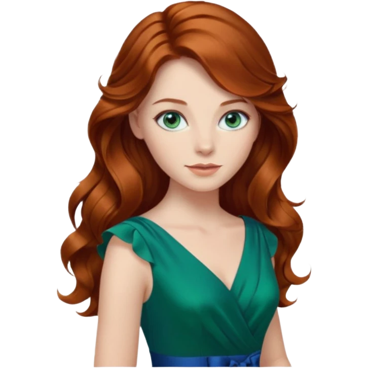 Long wavy Auburn hair woman BLUE eyes wearing green dress emoji