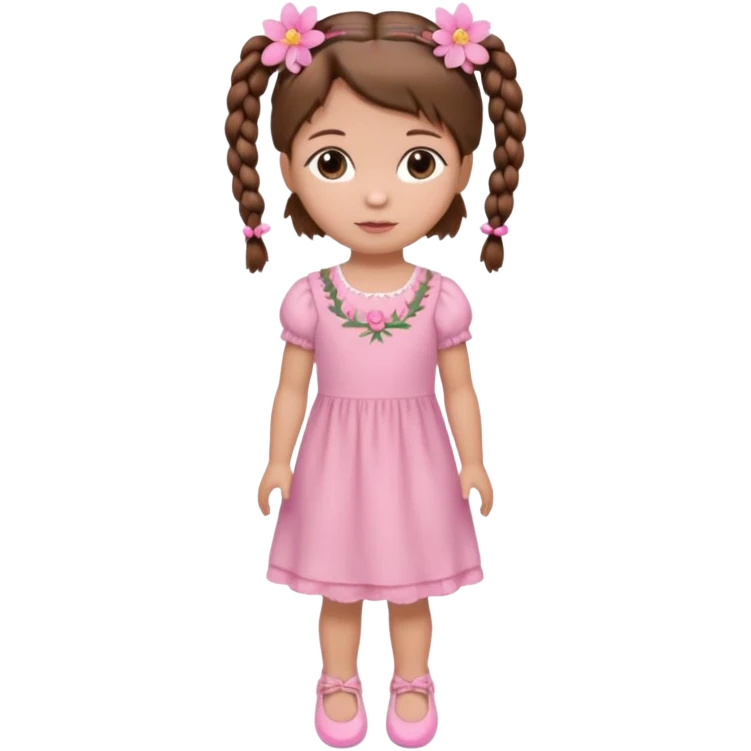 Boneca muito baixa e pequena de cabelo castanho com 2 tranças e uma flor rosa do lado esquerdo usado um vestido rosa claro e sapatinhos rosa emoji