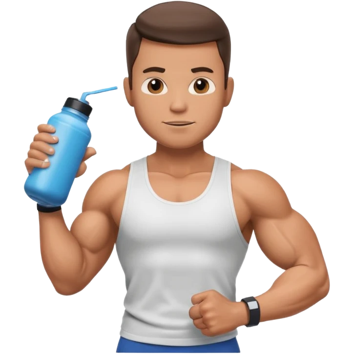 male memoji, muscular man in tank top, holding protein shaker, flexing arm, gym obsessed, casual vibe emoji