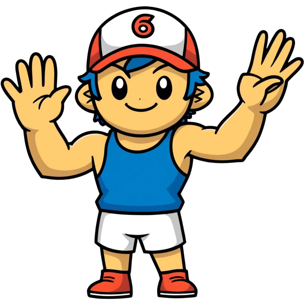 Hot handsomeb muscular 6ft tall smiling happy fun shirtless Ash Ketchum giving friends a high 5 emoji