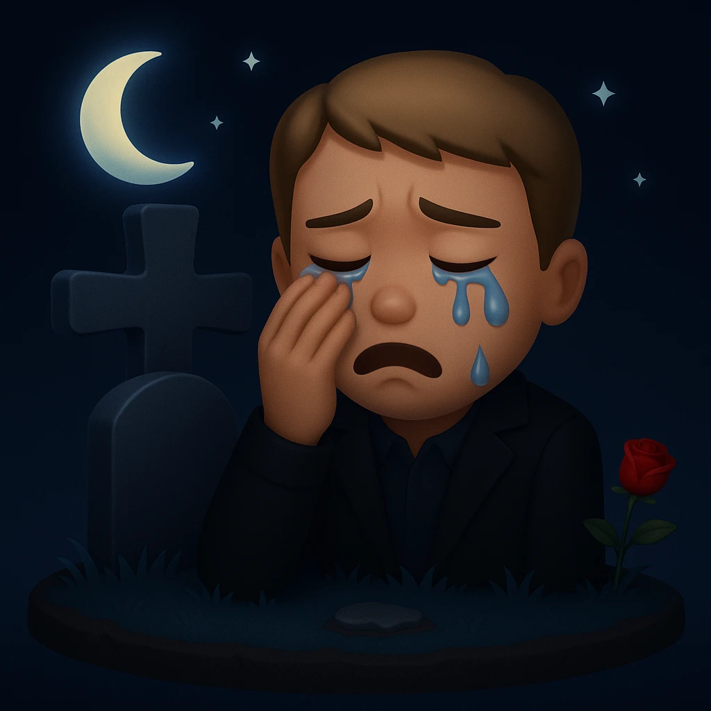 Make the scene night time with a man crying over a grave in the style of apple emojis. Focus on the night atmosphere and emotional expression, keeping the emoji style look. emoji