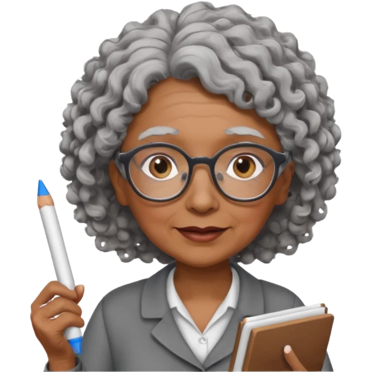 old woman teacher, brown skin, curly grey hai, wearing glasses, hold chalk on hand emoji