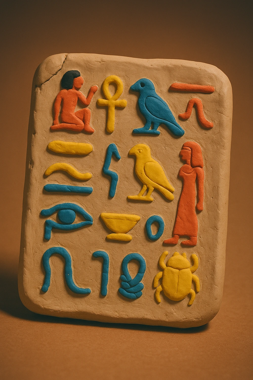 a clay tablet with ancient Egyptian hieroglyphics, slightly cracked edges, soft lighting emoji