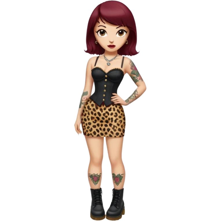 full body emoji, pin-up girl, light skin, big eyes, maroon lips, brown hair with rockabilly bangs and blonde streak, leopard corset, black pencil skirt, Dr. Martens boots, old school tattoos, compact and rounded emoji