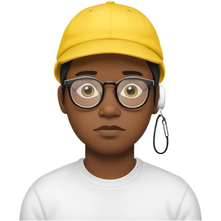 "- Nam
- 30 tuổi
- Da đen
- Đội mũ lưỡi trai vàng
- Đeo kính, airpod
- Mặt buồn
" emoji