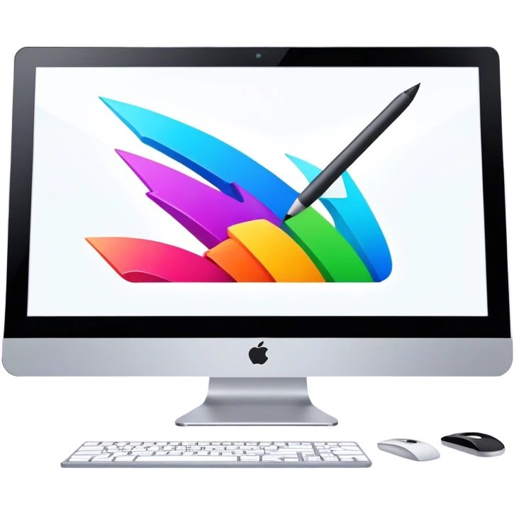 Computer graphics icon, large monitor with graphic design software open, graphic tablet, stylus, vibrant colors, minimalistic style, clean lines, transparent background. emoji
