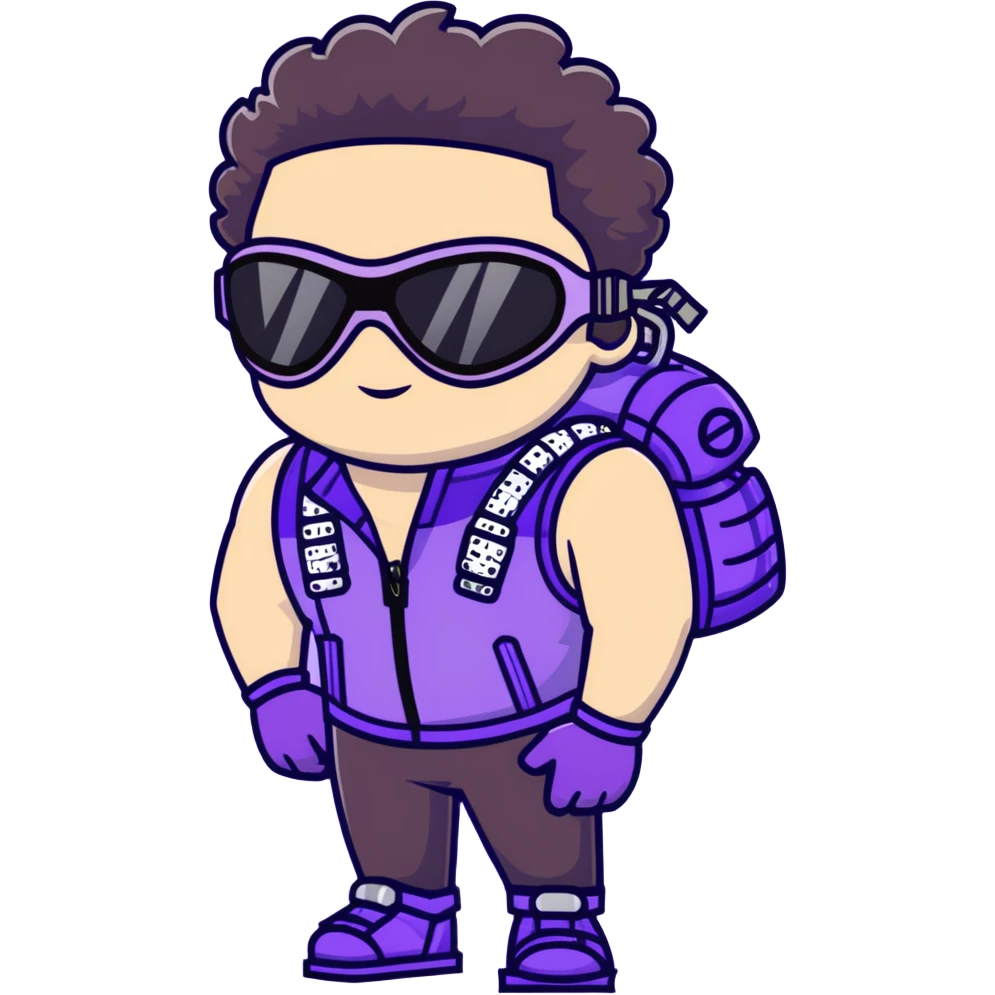 close-up of bad guy male athlete with white skin and moderately curly dark brown hair on top with shaved sides, wearing ski goggles with purple frames and very dark black lenses, a simple plain black chain necklace, and a completely unzipped sleeveless vest with purple and black sequin fire pattern design with no logo, with an extremely arrogant sneer on his face, looking menacing and villainous, exuding overconfidence and a threatening aura emoji