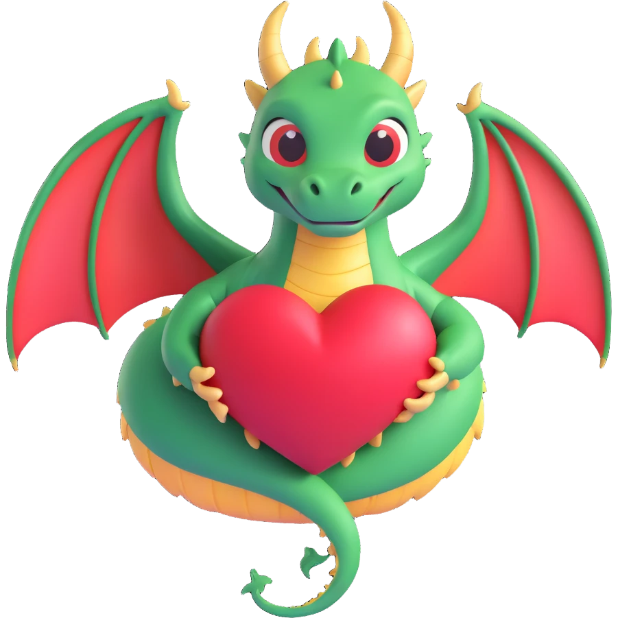 3D style dragon curled into a heart shape, shiny and whimsical emoji