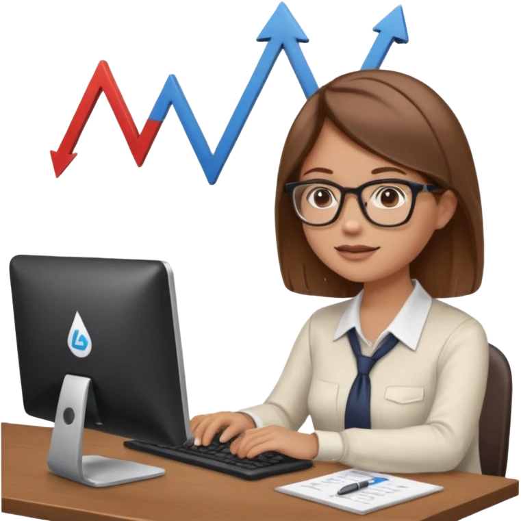 A person sitting at a desk working and looking at a computer with upward arrows and percentage signs, suggesting digital sales, marketing, or outreach. emoji