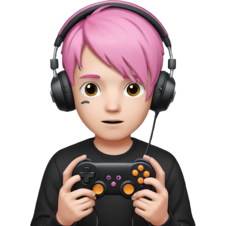 pink haired boy with headphones holding all black game controller emoji