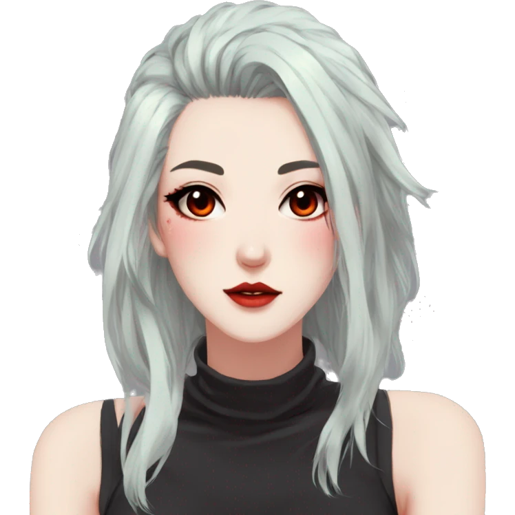 Gorgeous anime style lady with blushing face aesthetic and pretty edgy black red punk hair with hair garment trending style emoji