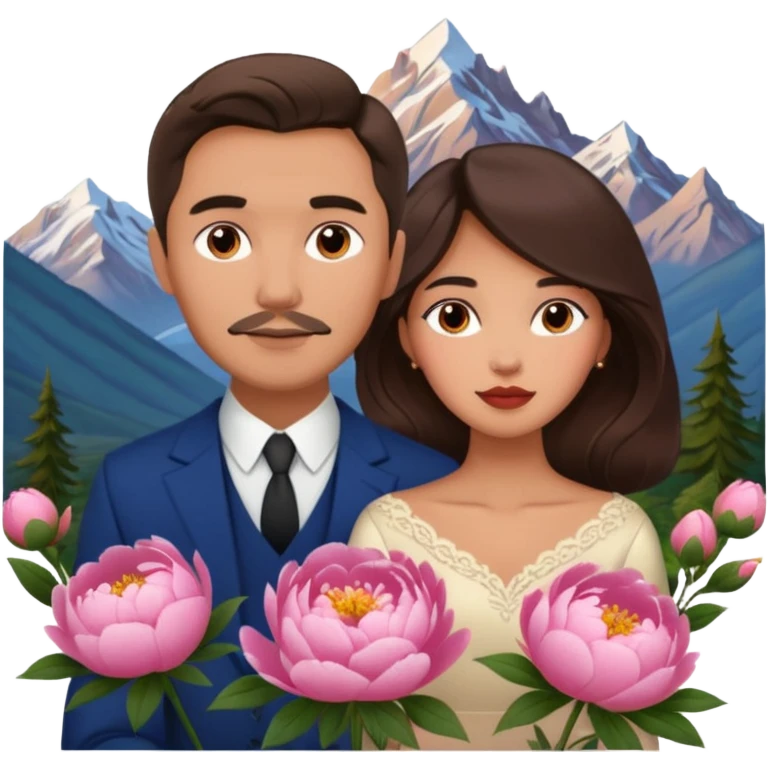 Couple traveling in Montenegro russian man and elegant  Latina girl delicate peonies and mountains in the background  emoji