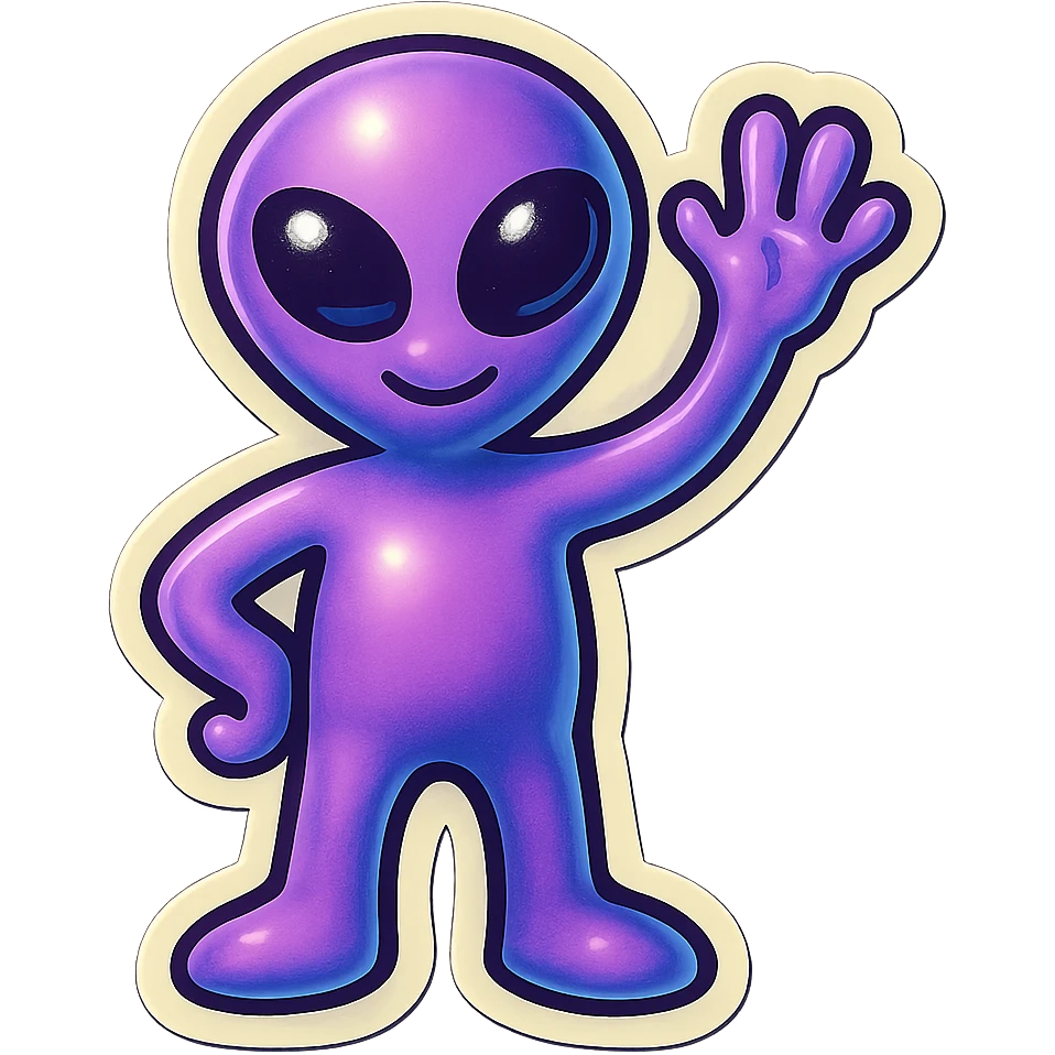 retro sticker of a purple alien waving, bold outlines, vintage sticker style emoji