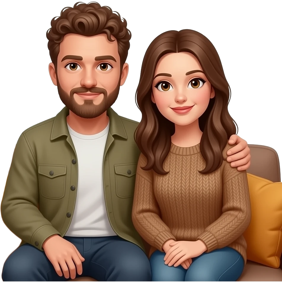 Realistic white man brown super short curly hair with beard being cozy with realistic white woman brown long straight hair on couch autumn emoji