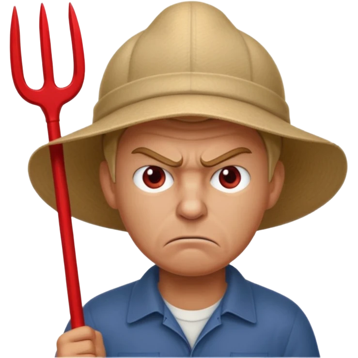 Angry man with a pitchfork and a cap that has a no symbol emoji