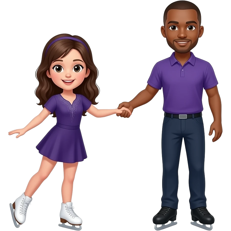 white skin brown haired girl ice skating with a brown guy with a shaved head emoji