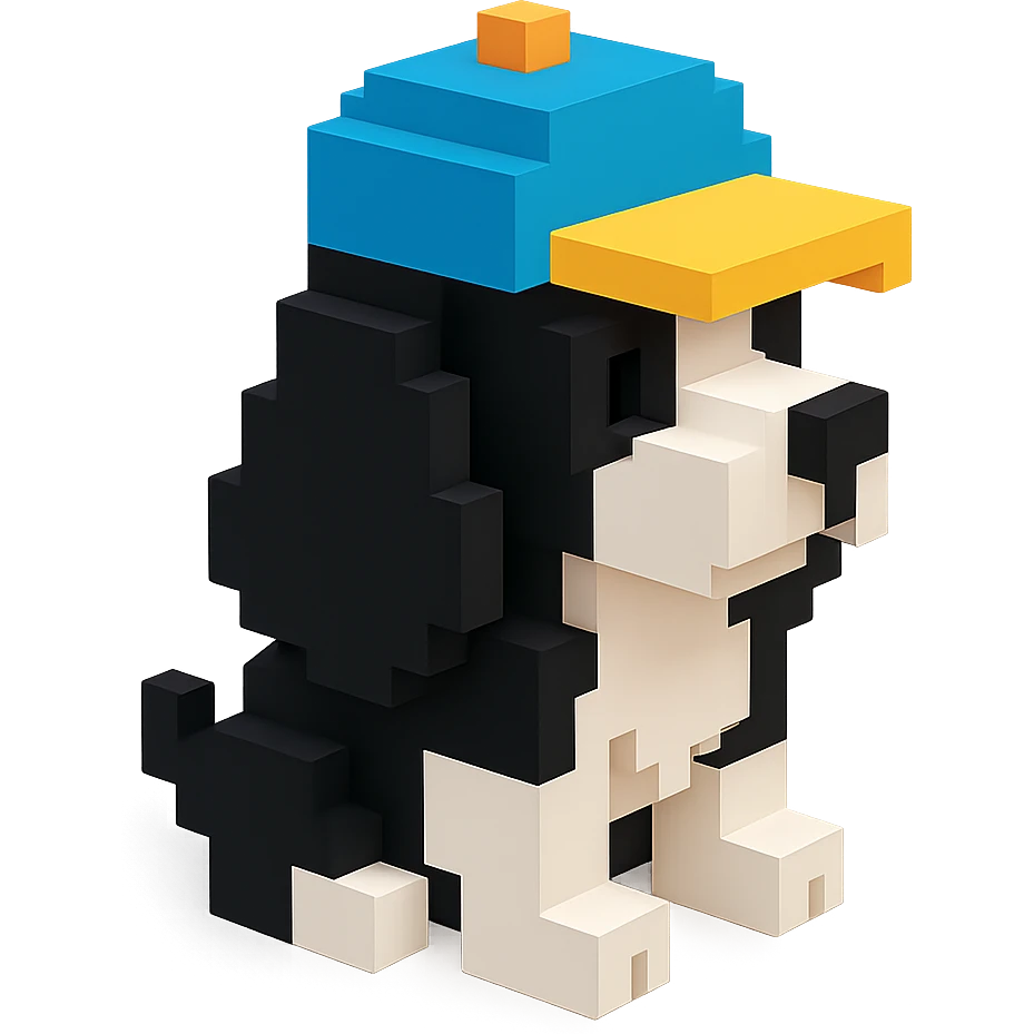 A black and white Russian Cocker Spaniel puppy wearing a cap, voxel style, facing right emoji