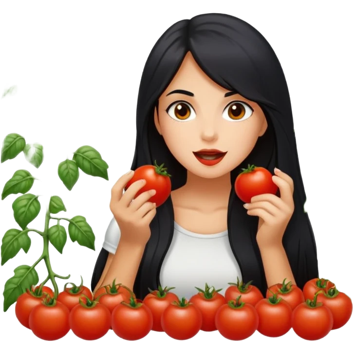 Pretty tanned girl with long black hair, eating tomatoes emoji