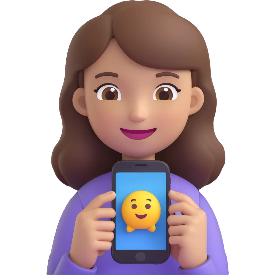 girl holding a smartphone, smiling, emoji style, with brown hair emoji