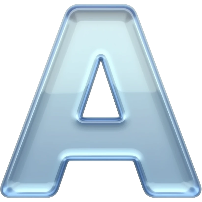 High-resolution 3D icon of the letter 'A' made of frosted holographic glass with soft internal glows. Isolated on a plain white background, centered, symmetrical, studio lighting, hyper-realistic, 4k emoji