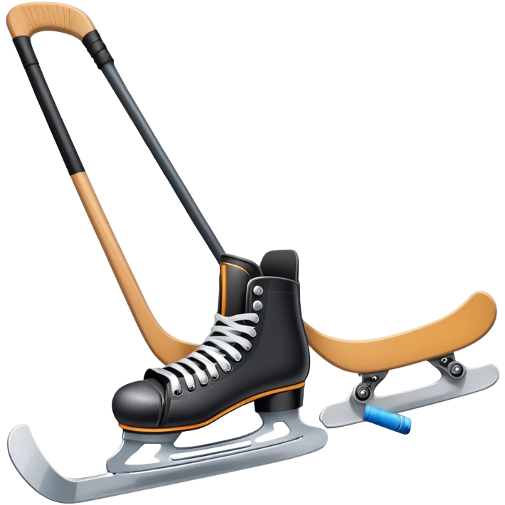 Please, make An icon featuring close-up shots of key hockey equipment: a hockey stick, puck, and skates. The background shows a packed stadium with cheering fans, bright arena lights, and an icy rink. Transparent background highlights the essentials of the game and the thrill of the sport. emoji