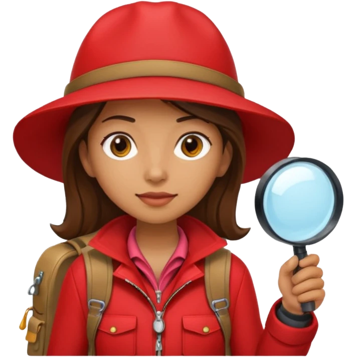 Explorer woman with red jacket backpack and magnifying glass emoji