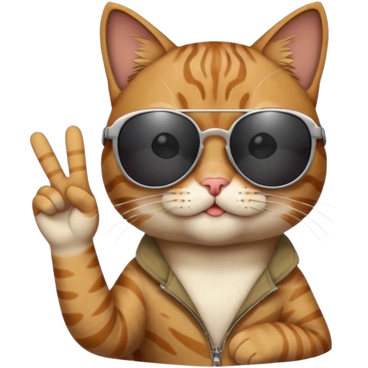 a cat wearing sunglasses a saying peace out on his head there would be written peace out and he will do the pose for peace out emoji