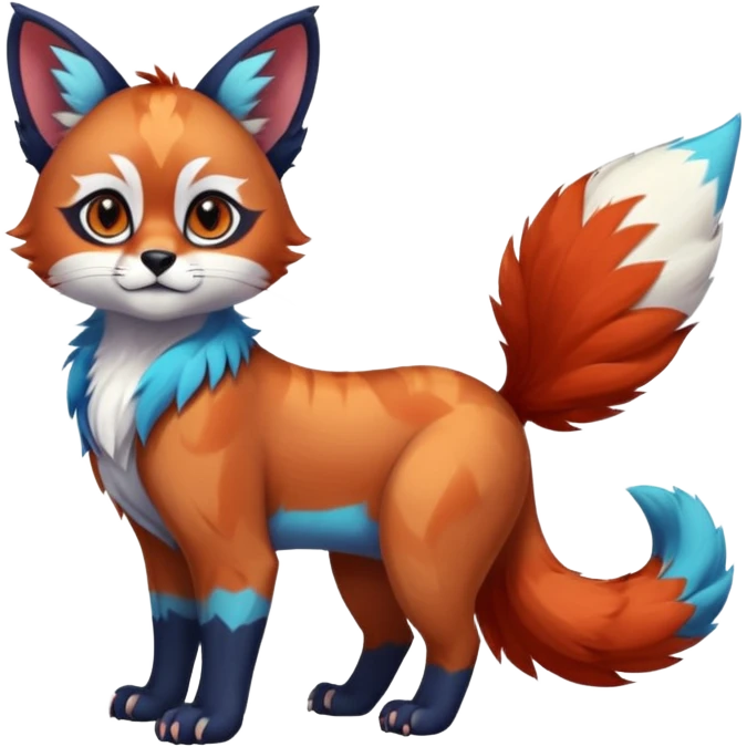 Colorful tropical blue exotic cute cool beautiful shiny beautiful fantasy-caracal-Gryphon-Cacomistle-Trico-Red-Panda-oncilla-animal-Fakémon-hybrid-fursona (full body) emoji