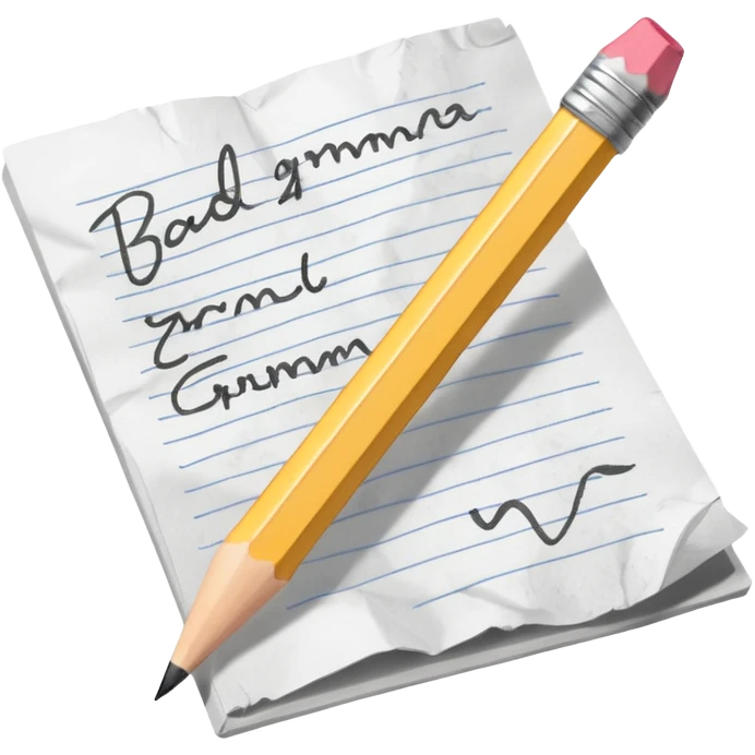 a pencil and paper with messy, scribbled writing to represent bad grammar and writing emoji