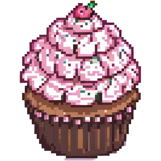 pixel art cupcake with pink icing, chocolate sprinkles emoji