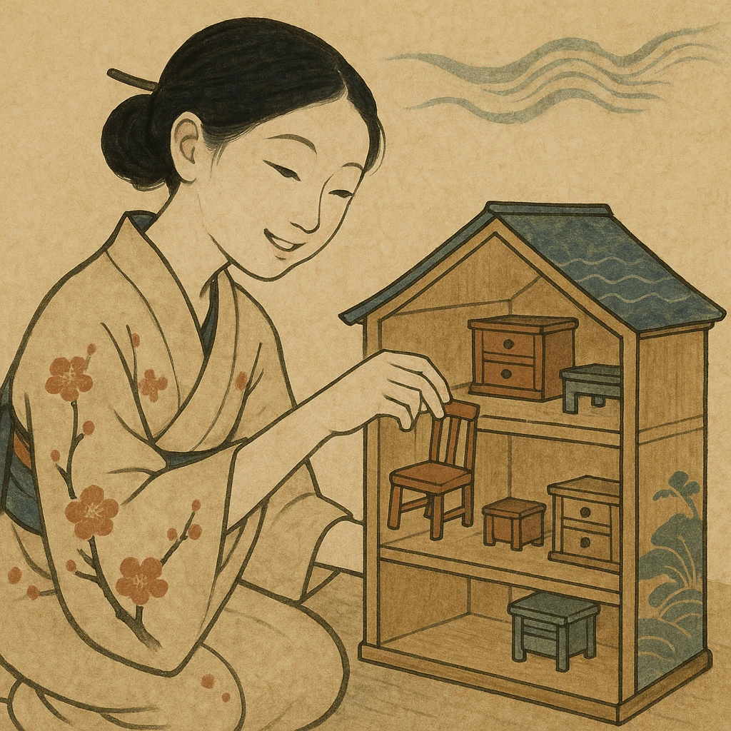 smiling girl arranging furniture in doll house emoji