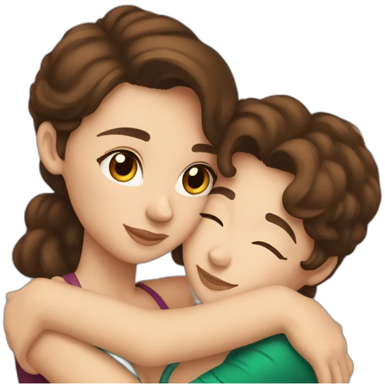beautiful woman with brown hair and brown eyes hugging Aussie emoji