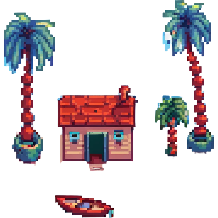 small house with a red roof by a bright blue ocean, pixel art emoji style, 32x32, palm trees and a boat in the background emoji