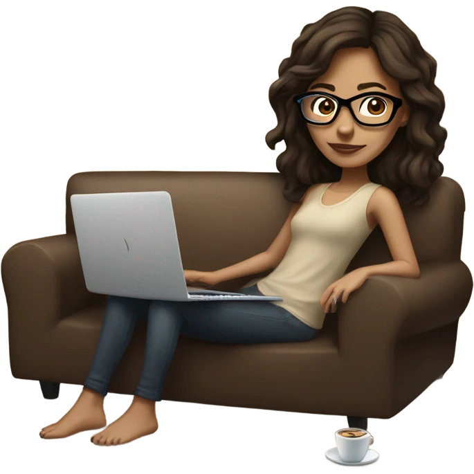 brunette girl laying on a brown couch with cream colored pillows with glasses on and a laptop on small table in front with coffee cup on mouse pad emoji