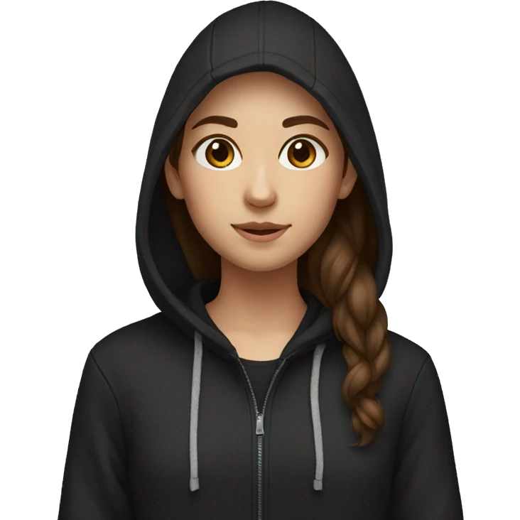 young girl, brown hair, black hoodie emoji