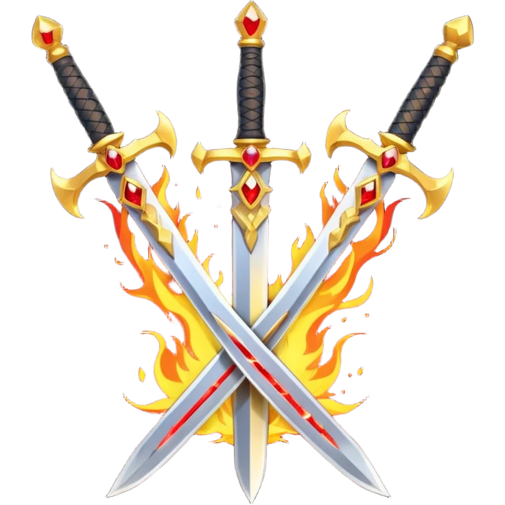 Two crossed swords that are golden in blade and handle and have fiery and royal appearence to them as well as red gem stones yellow in color emoji