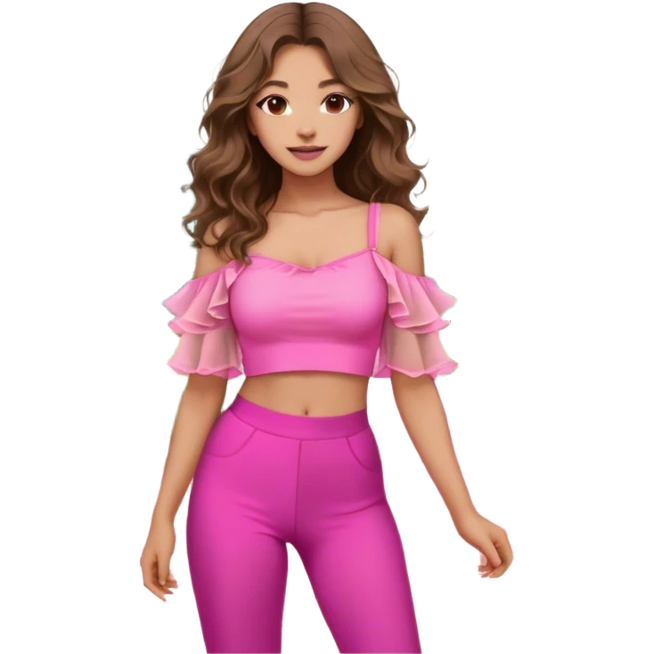 A young woman with long, wavy brown hair standing outdoors on a paved walkway, surrounded by green grass and modern architecture. She is wearing a vibrant pink crop top with dramatic sheer ruffled sleeves and high-waisted beige pants. The sunlight casts a warm glow on her face, and she has a gentle smile with a confident and relaxed posture. The background features a mix of classical and contemporary buildings, with trees adding a natural touch to the setting. emoji